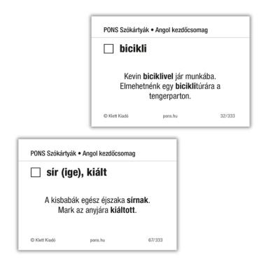 PONS angol kezdő szókártyák minta